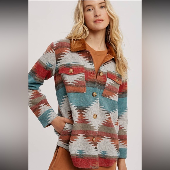 470. Aztec Shacket Faux Fur Collar Teal/Red Button Down NEW Item NWT - Picture 2 of 8